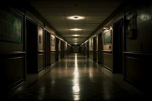 Dark corridor or hallway with many doors, vintage toned. Neural network AI generated photo