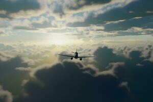 negocio chorro avión volador en un alto altitud encima el nubes neural red ai generado foto