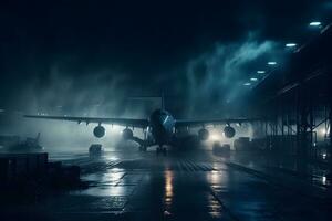 avión a el aeropuerto a noche en el lluvia. neural red ai generado foto