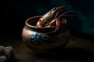 Delicious boiled crayfishes on black table, closeup. Neural network AI generated photo