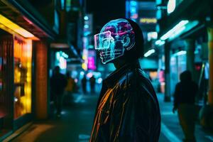 Cyber man in the neon city of the future. Neural network AI generated photo