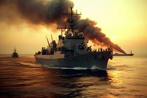 War concept. Night battle scene at sea. warship on fire. Neural network AI generated photo