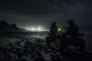 buggy car and northern lights beach. Neural network AI generated photo