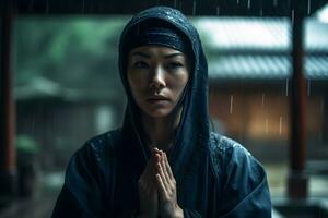 Asian woman meditating in the temple in the rain. Neural network AI generated photo