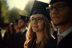 retrato de un Universidad graduado muchacha. neural red ai generado foto