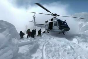 Rescue helicopter flying in a snowy landscape. Neural network AI generated photo