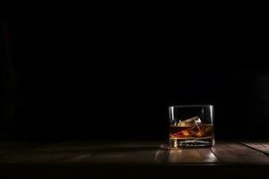 close up of a shot of whiskey on a bar top. Neural network AI generated photo