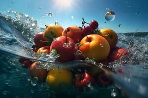 Tropical fruits fall deeply under water with a big splash. Neural network AI generated photo