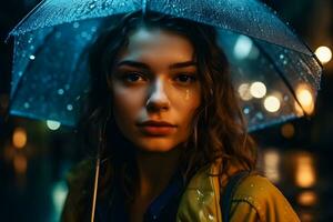 retrato de un niña con un paraguas en el lluvia. neural red ai generado foto