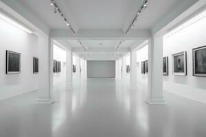 White gallery room interior. Neural network AI generated photo