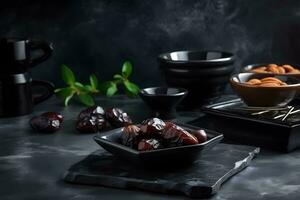 Dates on a dark background. Neural network AI generated photo