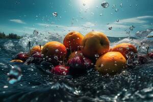 Tropical fruits fall deeply under water with a big splash. Neural network AI generated photo
