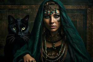 Beautiful oriental woman and black cat. Neural network AI generated photo