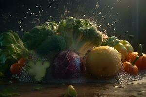 Vegetables splash in water on black background. Neural network AI generated photo