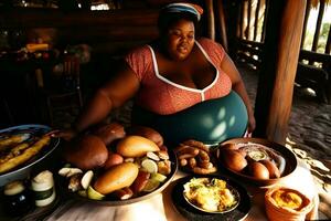 Dark skinned plus size girl and a lot of food. Neural network AI generated photo