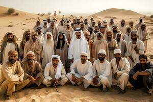 muchos árabe hombres en el desierto. neural red ai generado foto