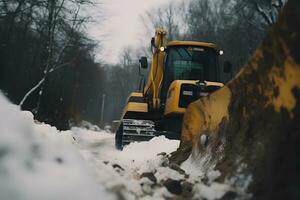 Snow plow doing snow removal after a blizzard. Neural network AI generated photo