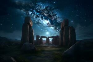 stone henge mock building against the backdrop of night and space. Neural network AI generated photo