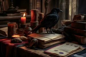 Vintage interior with mysterious vintage table piled with books, a candlestick and a raven. Neural network AI generated photo