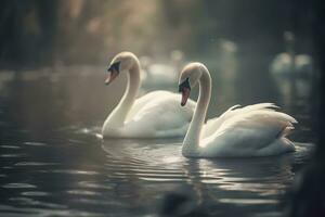 swans swimming on the water in nature. Neural network AI generated photo