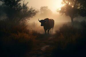 Bull in the wild, Landscape with sunset or sunrise. Neural network AI generated photo