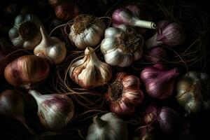 Lots of garlic abstract background. Neural network AI generated photo
