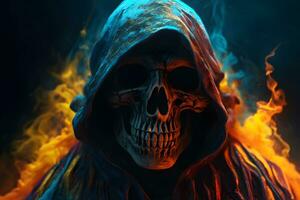 Death portrait skull fire. Neural network AI generated photo