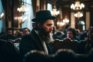 ortodoxo judío lee oraciones en el templo. neural red ai generado foto