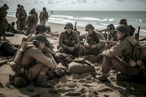 U.S. troops wading to Utah Beach during the D-Day. Neural network AI generated photo