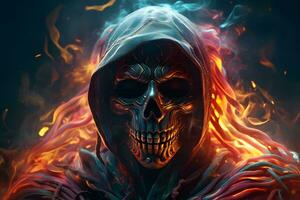 Death portrait skull fire. Neural network AI generated photo