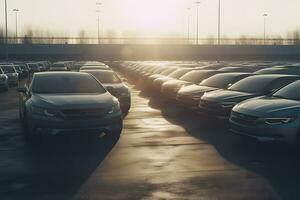 Car park at the end of the day. Car Dealer Inventory. Neural network AI generated photo