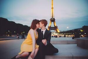 contento sonriente Pareja de viaje en Francia tomando selfie en París. neural red ai generado foto