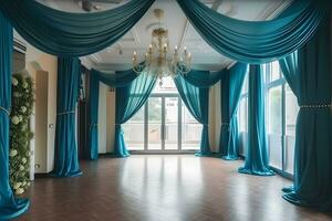 Wedding hall with luxurious blue curtains. Neural network AI generated photo