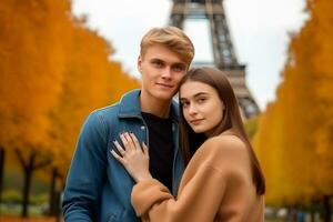 contento sonriente Pareja de viaje en Francia tomando selfie en París. neural red ai generado foto