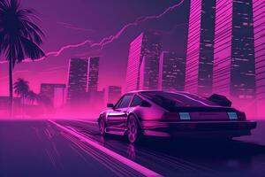 Futuristic retro wave synth wave car. Retrowave style. Neural network AI generated photo