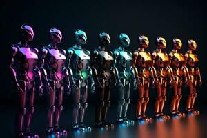 Robots stand in line. Neural network AI generated photo