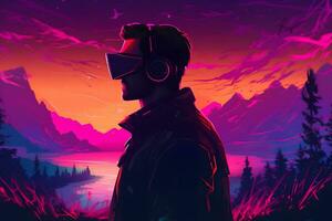 Man in virtual reality glasses in neon synthwave style. Neural network AI generated photo