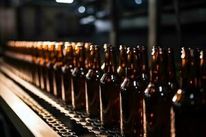 Beer bottles on the conveyor belt. Neural network AI generated photo