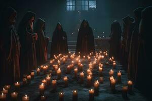 ritual de medieval sacerdotes con velas en el templo. neural red ai generado foto