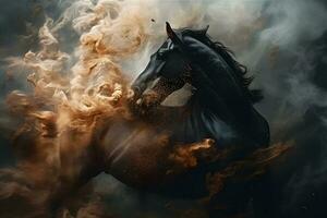 Fantasy horse portrait with fire and smoke. Neural network AI generated photo