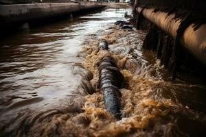 roto tubo ese fugas agua, agua fuga desde público consumo tubo. neural red ai generado foto