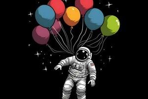 astronaut cartoon floating with balloon planet in space background. Neural network AI generated photo