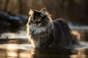 mullido gato caminando en el nieve. neural red ai generado foto