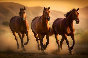 Horses free run on desert storm against sunset sky. Neural network AI generated photo