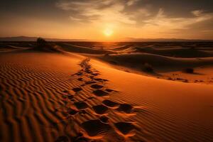Footprints in the sand in the desert during sunset. Neural network AI generated photo