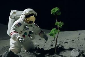 Astronaut planting a tree on the moon or mars. Neural network AI generated photo