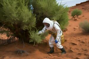 Astronaut planting a tree on the moon or mars. Neural network AI generated photo