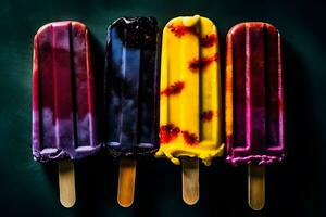 Various fruit popsicles are placed on the board background. Neural network AI generated photo