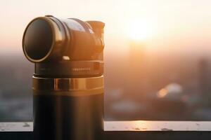 Coin Operated Binocular viewer next to the waterside promenade. Neural network AI generated photo