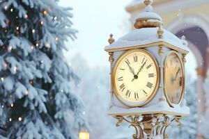 Vintage clock outdoors in winter. Neural network AI generated photo